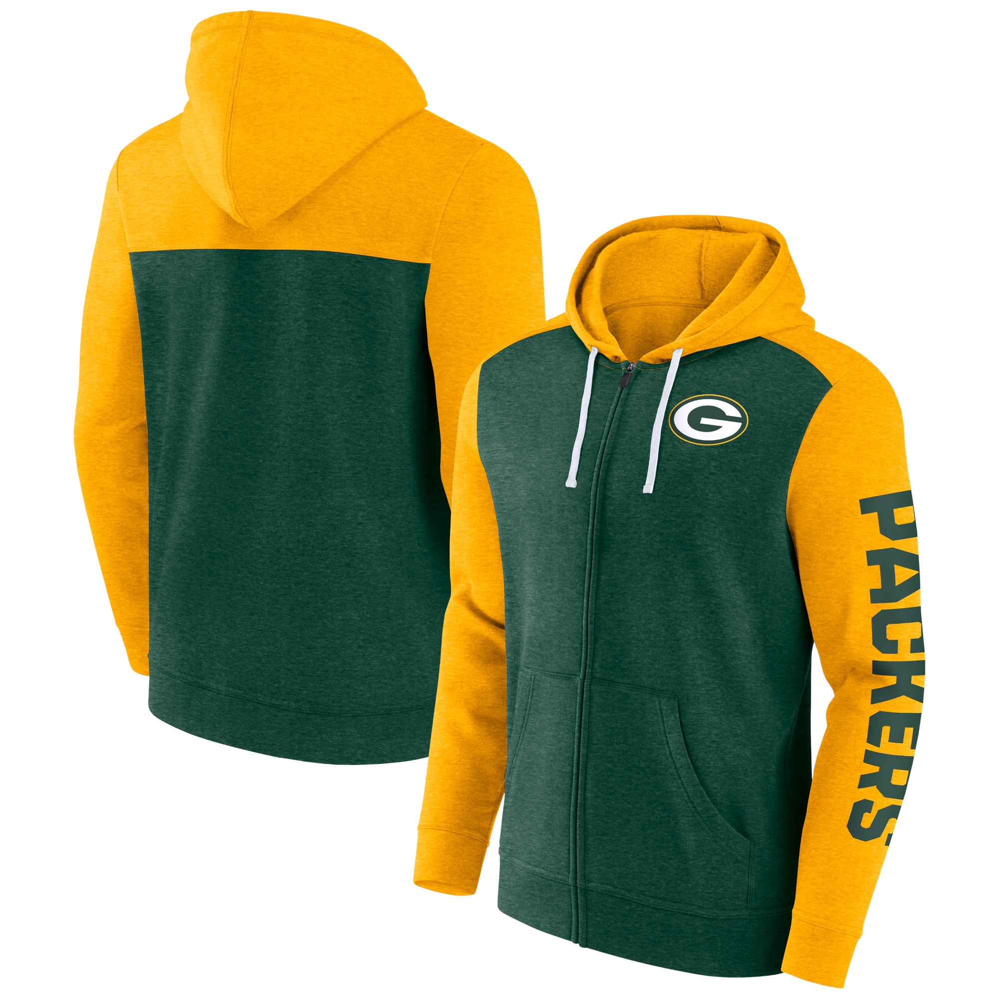 Men's Fanatics Heather Green Green Bay Packers Down and Distance Full-Zip Hoodie